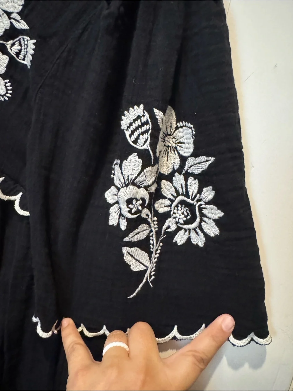 Old Navy Black Peasant Top with White Floral Embroidery